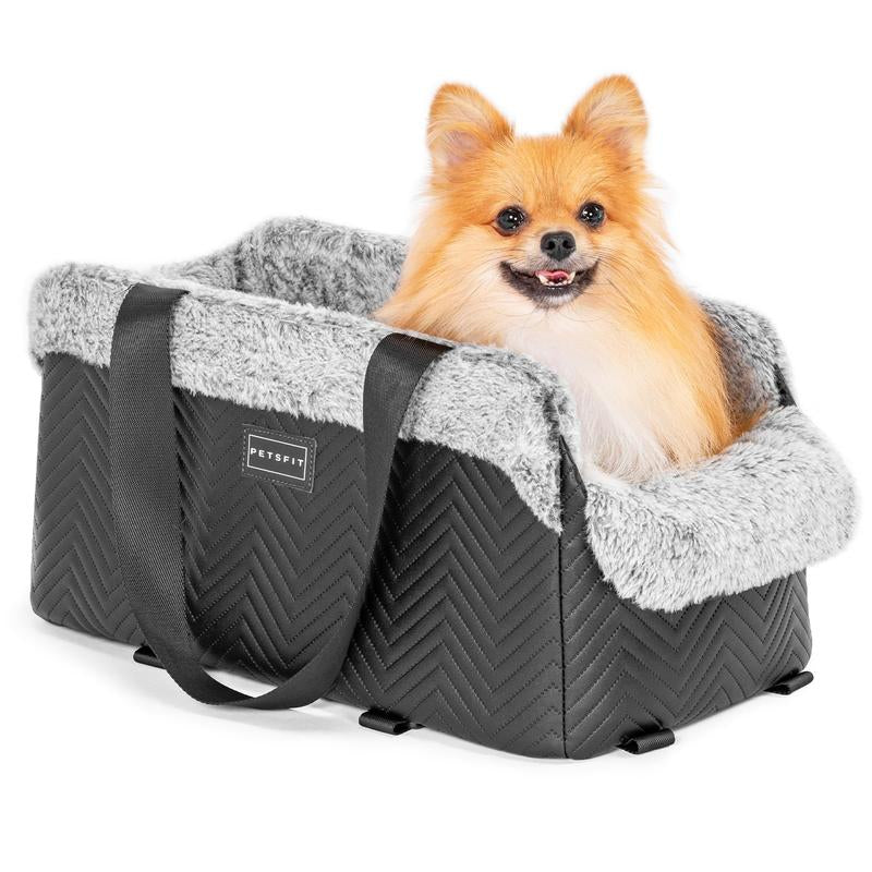 PETSFIT Center Console Dog Car Seat, Portable Car Seat for Dogs with Safe Protective Hooks, Luxury Dog Car Seats for Small Dogs, Dog Car Carrier Includes Safety Tether for Pets up to 9 Lbs (Black)