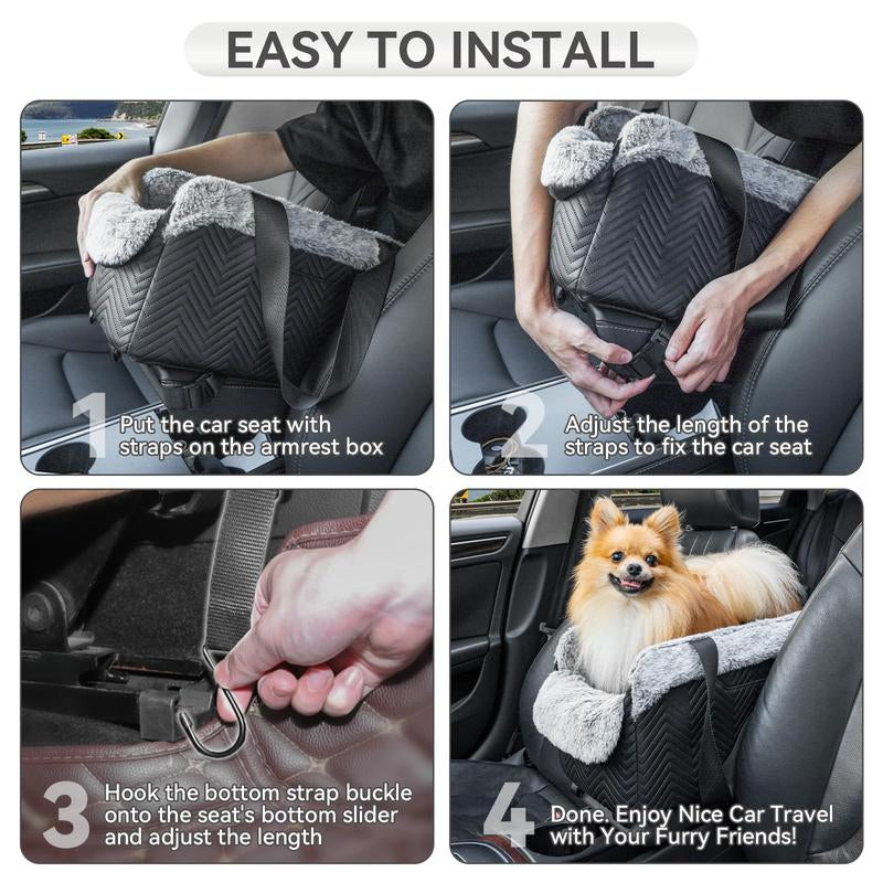 PETSFIT Center Console Dog Car Seat, Portable Car Seat for Dogs with Safe Protective Hooks, Luxury Dog Car Seats for Small Dogs, Dog Car Carrier Includes Safety Tether for Pets up to 9 Lbs (Black)