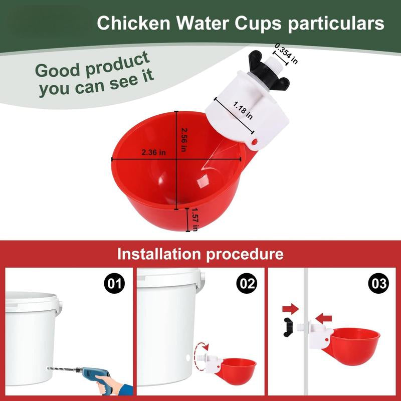 Chicken Waterer Cups (8 Pack/Red) - DIY Automatic Large Chicken Water Feeder for Ducks,Chicks, Turkeys, Quail, Bunny, Bird and Other Various Poultry Dispenser with Matching Drill