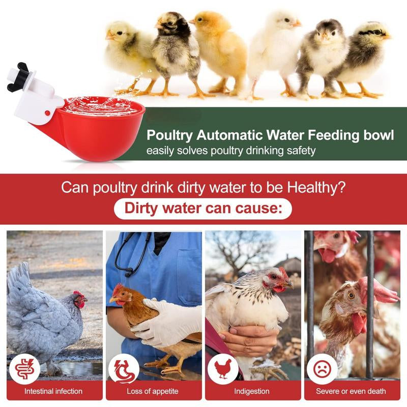 Chicken Waterer Cups (8 Pack/Red) - DIY Automatic Large Chicken Water Feeder for Ducks,Chicks, Turkeys, Quail, Bunny, Bird and Other Various Poultry Dispenser with Matching Drill