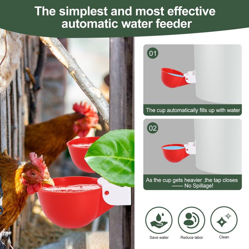 Chicken Waterer Cups (8 Pack/Red) - DIY Automatic Large Chicken Water Feeder for Ducks,Chicks, Turkeys, Quail, Bunny, Bird and Other Various Poultry Dispenser with Matching Drill
